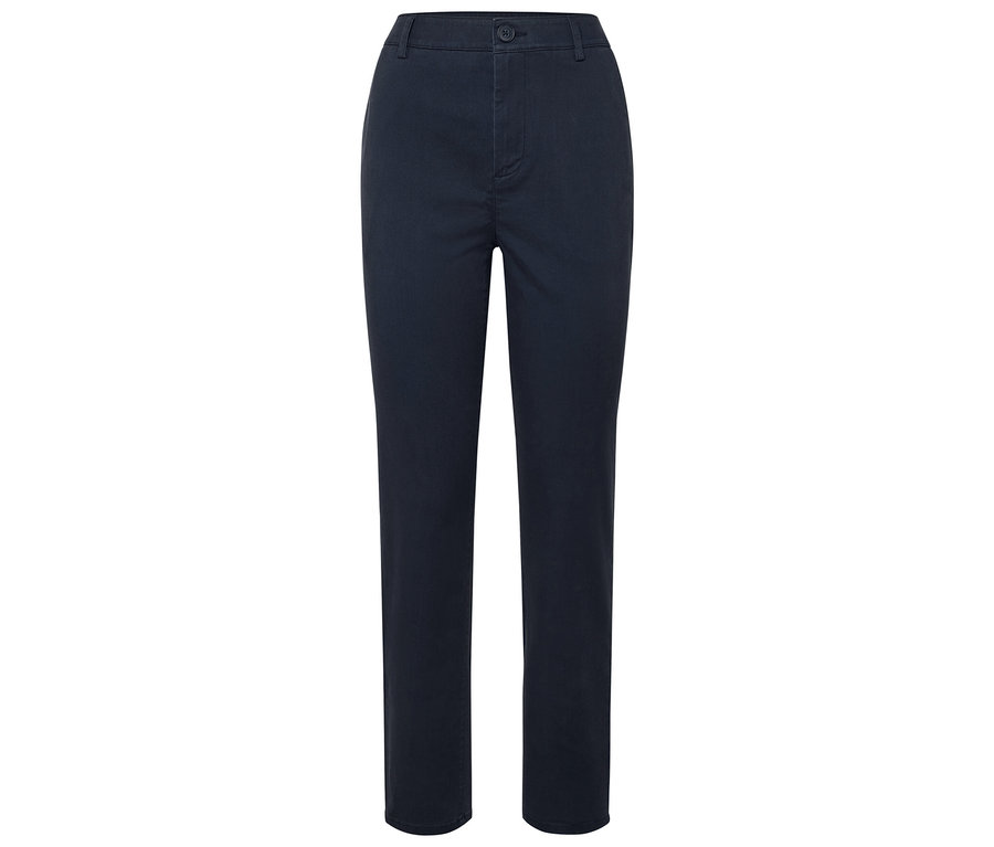 Dunkelblaue Hose mit Knopf.