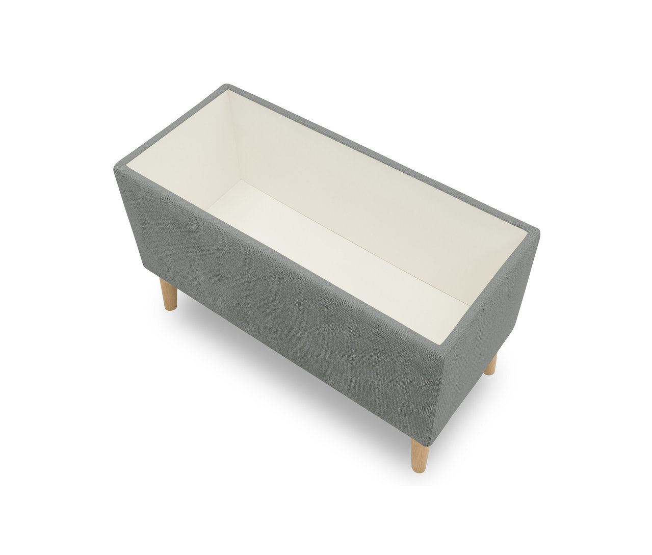 Grauer DOMO Hocker mit Staufach auf weißem Hintergrund.