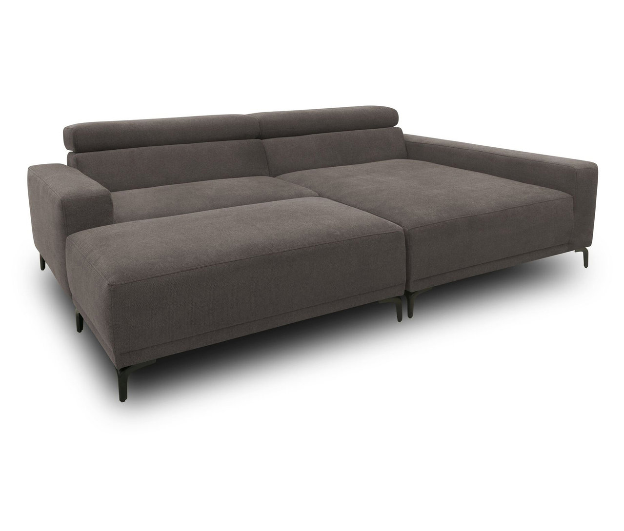 Graues DOMO Eck-Schlafsofa mit Hocker, rechtsbündig.