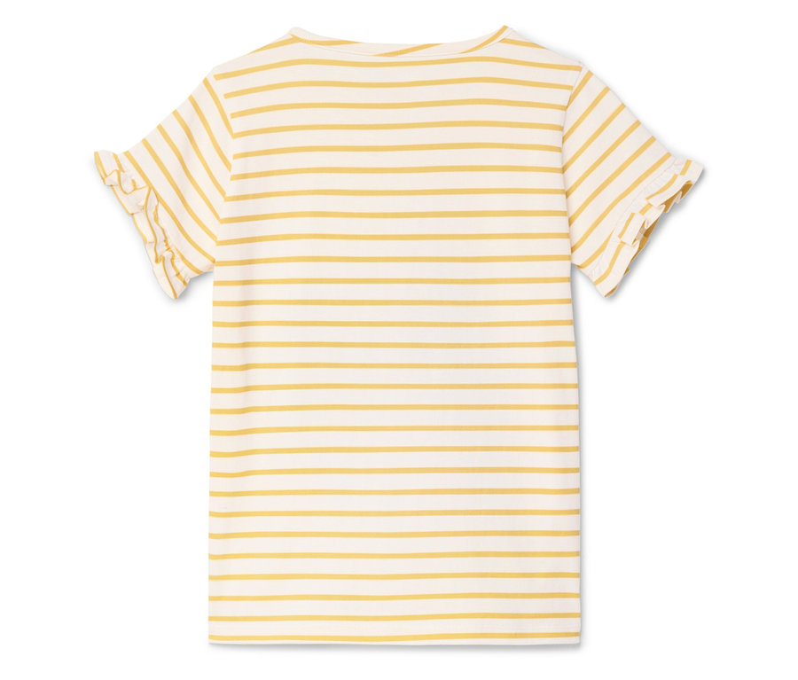 Rückansicht eines kurzärmeligen T-Shirts, cremefarben mit gelben horizontalen Streifen und Rüschenärmeln.