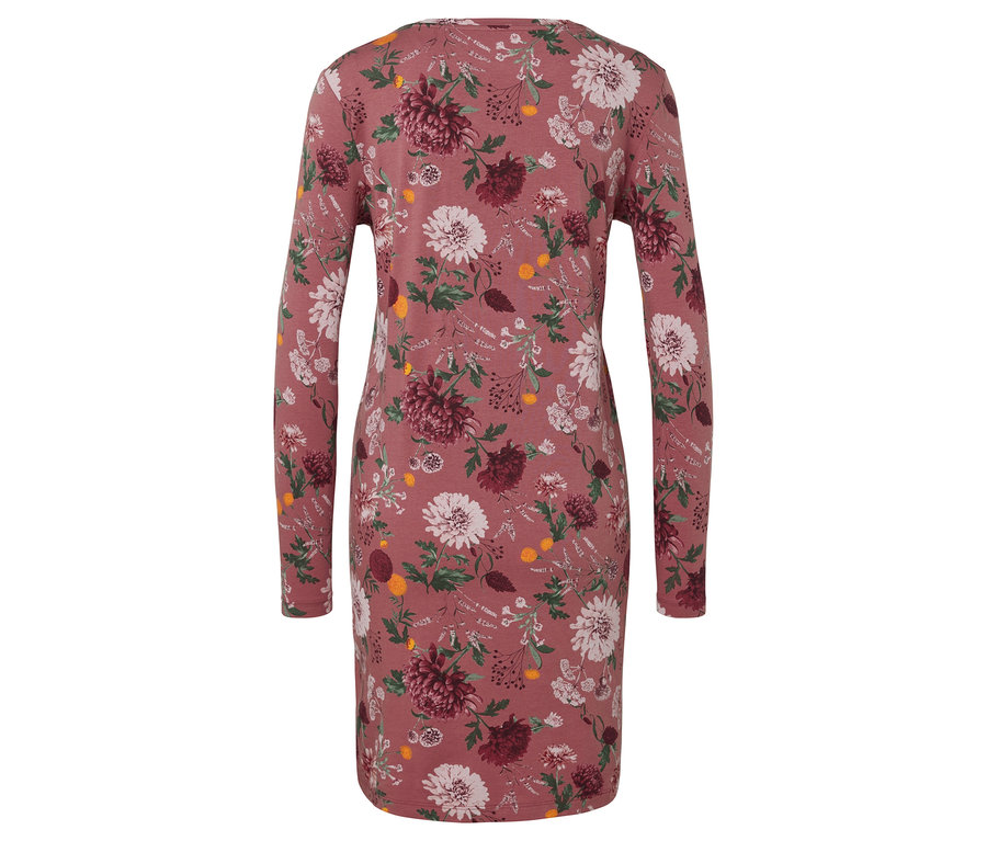 Rückansicht eines rosafarbenen, langärmeligen Kleides mit Blumenmuster.