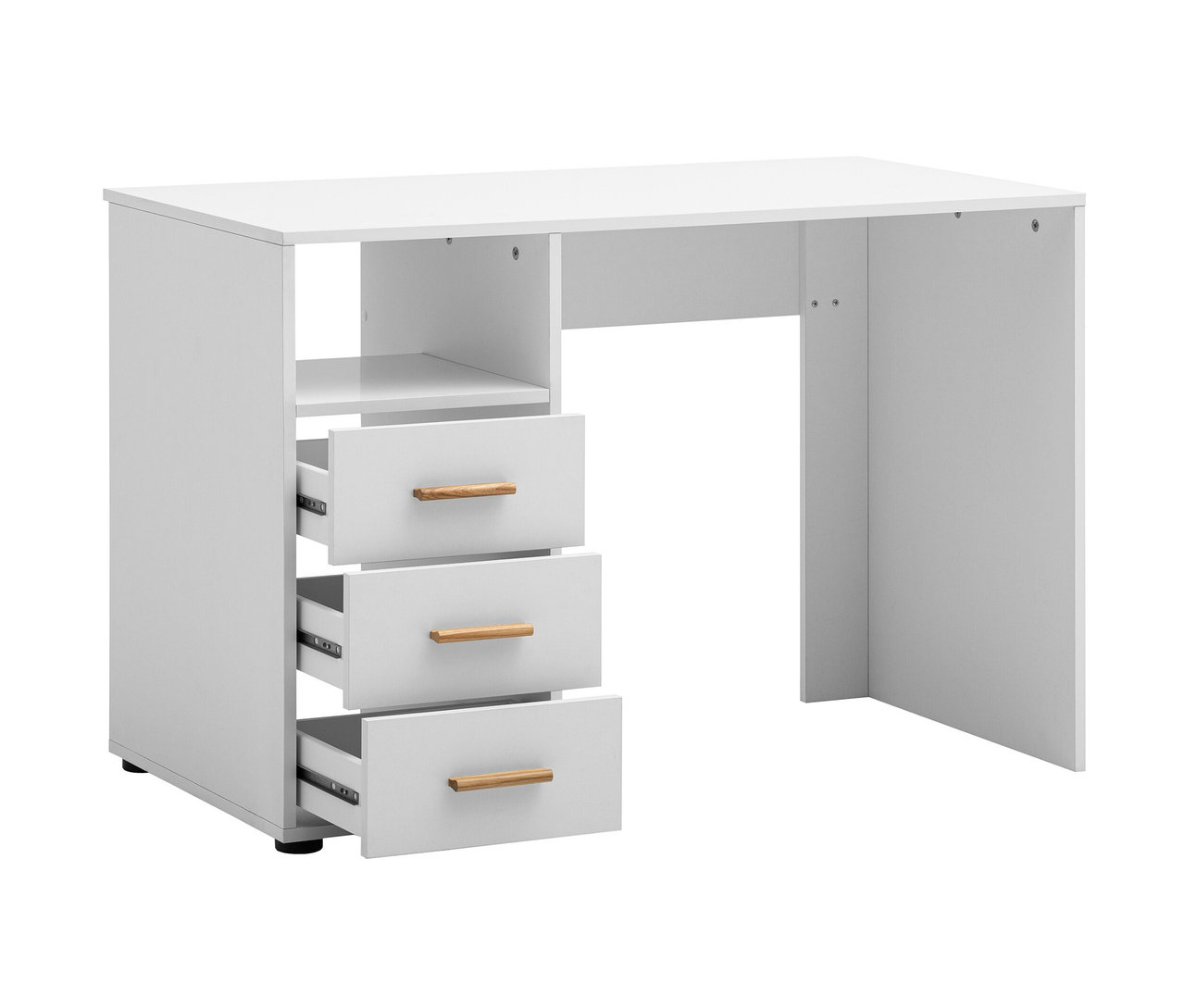Weißer Schreibtisch »Torge« mit teilweise geöffneten Schubladen.