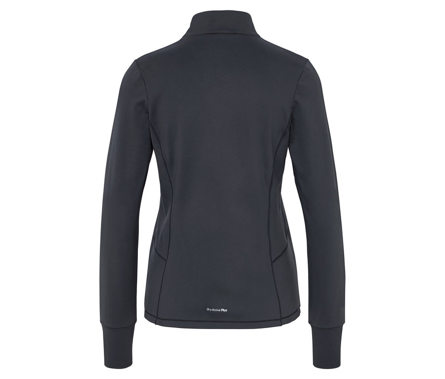 Dunkelgraue Sportjacke mit langen Ärmeln, Reißverschluss und Dry Active Plus Schriftzug auf der Rückseite.