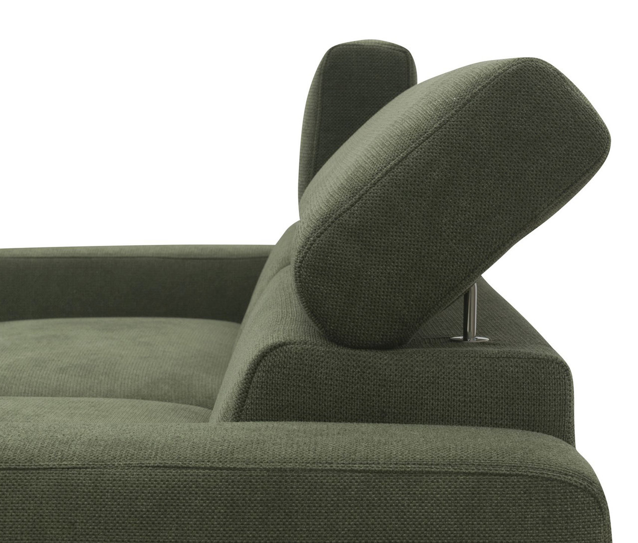 Detailansicht des DOMO Eck-Schlafsofas mit Hocker, grün und rechtsbündig.