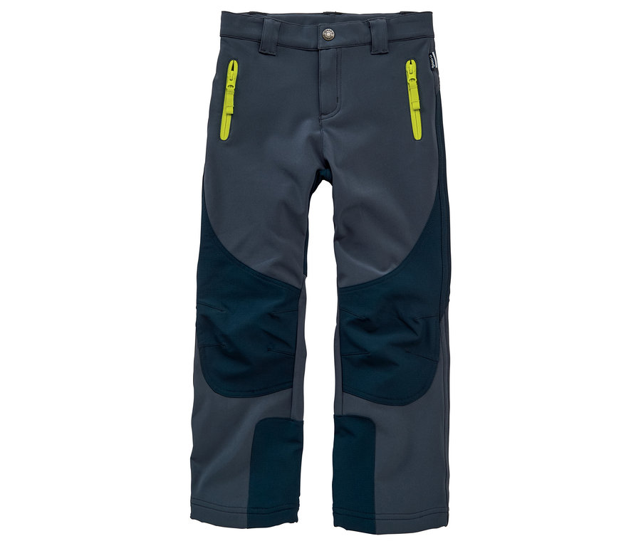 Graue Kinder Softshellhose mit dunkelblauen Knieflicken und neongrünen Reißverschlüssen an den Taschen.