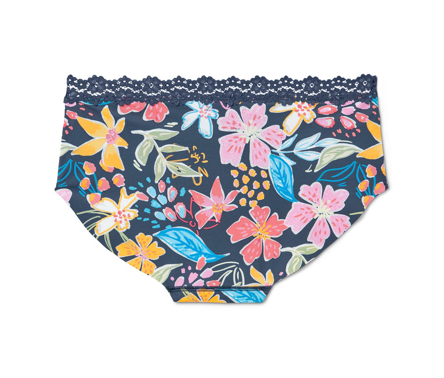 Nahaufnahme eines einzelnen Magic-Cut-Pantys mit Blumenmuster und Spitzenbesatz.