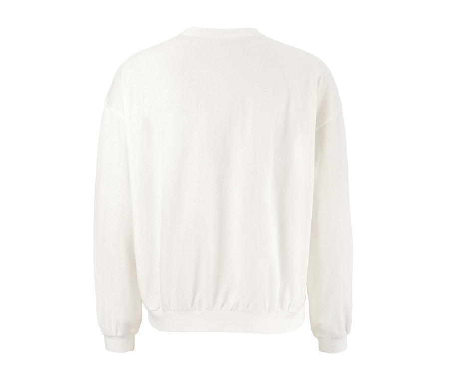 Rückansicht eines weißen Sweatshirts mit Lochstickerei.