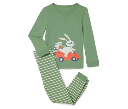 Grüner Langarm-Pyjama und gestreifte Hose mit einem Hasenmotiv im Auto.