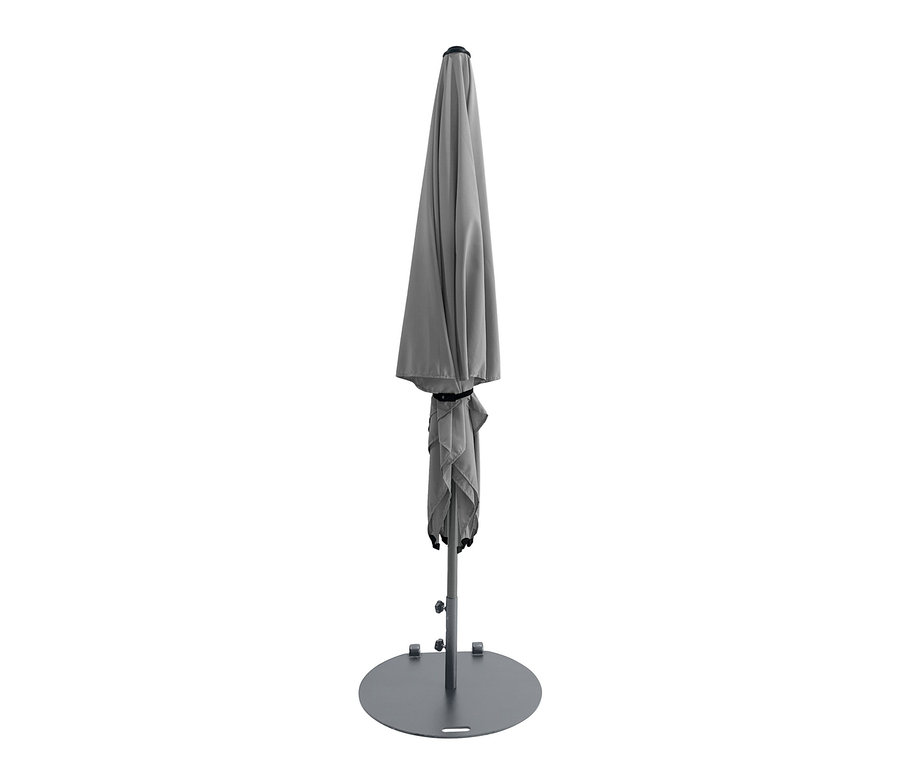 Zusammengeklappter anthrazitfarbener Leco Marktschirm* 250 x 250 cm inklusive Abdeckhaube.
