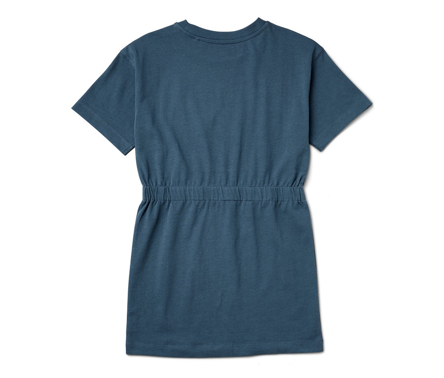 Blaues Kinder-Heavy-Jersey-Kleid mit kurzen Ärmeln und Kordelzug in der Taille.