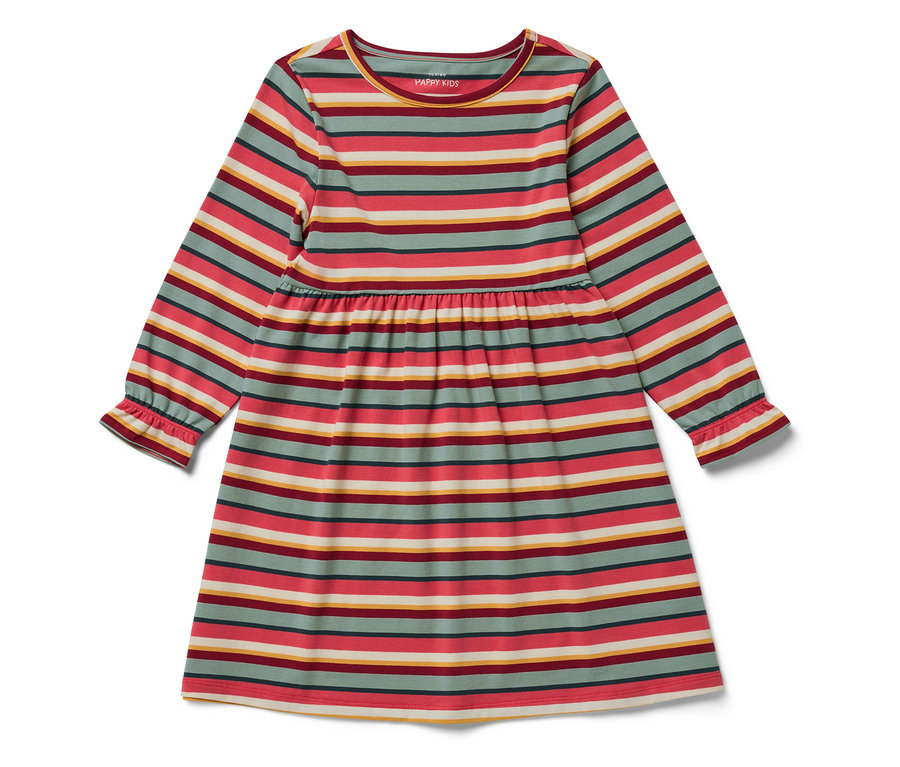 Gestreiftes Mädchenkleid mit langen Ärmeln in den Farben Rosa, Grün, Gelb und Dunkelblau.