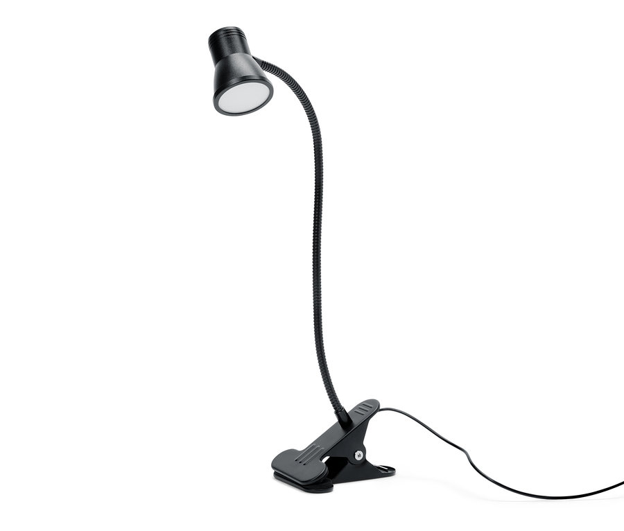 Eine schwarze LED-Klemmleuchte auf einem weißen Hintergrund.