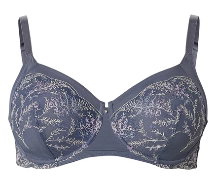 Grauer BH mit floralen Stickereien.