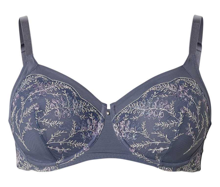 Grauer BH mit floralen Stickereien.