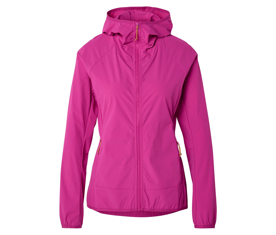 Pinke, gefütterte Jacke mit Kapuze und Reißverschluss vorne.