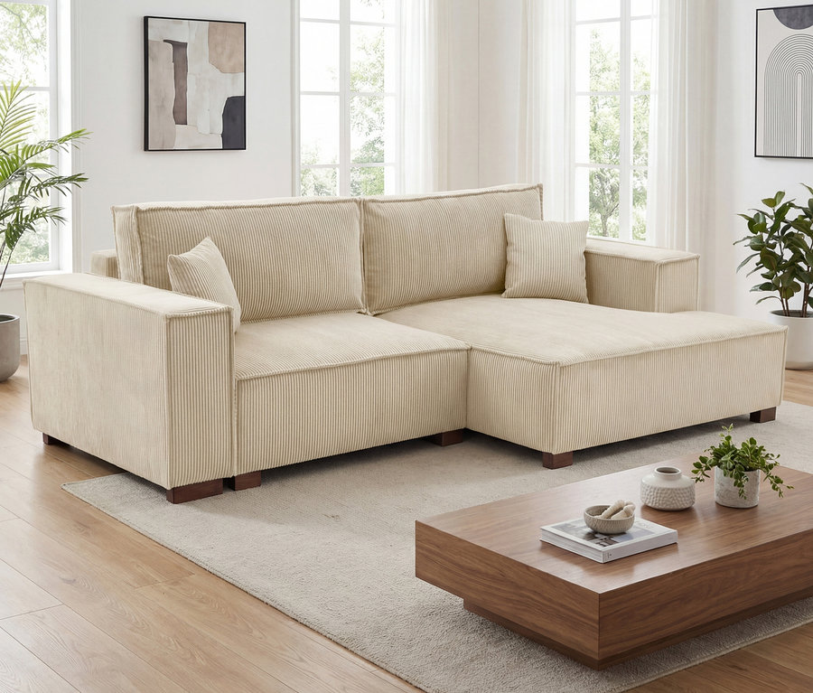 Cremefarbenes Cord »Cumello« 2-Sitzer Sofa mit Auszugsbett links und Longchair rechts im Wohnzimmer.