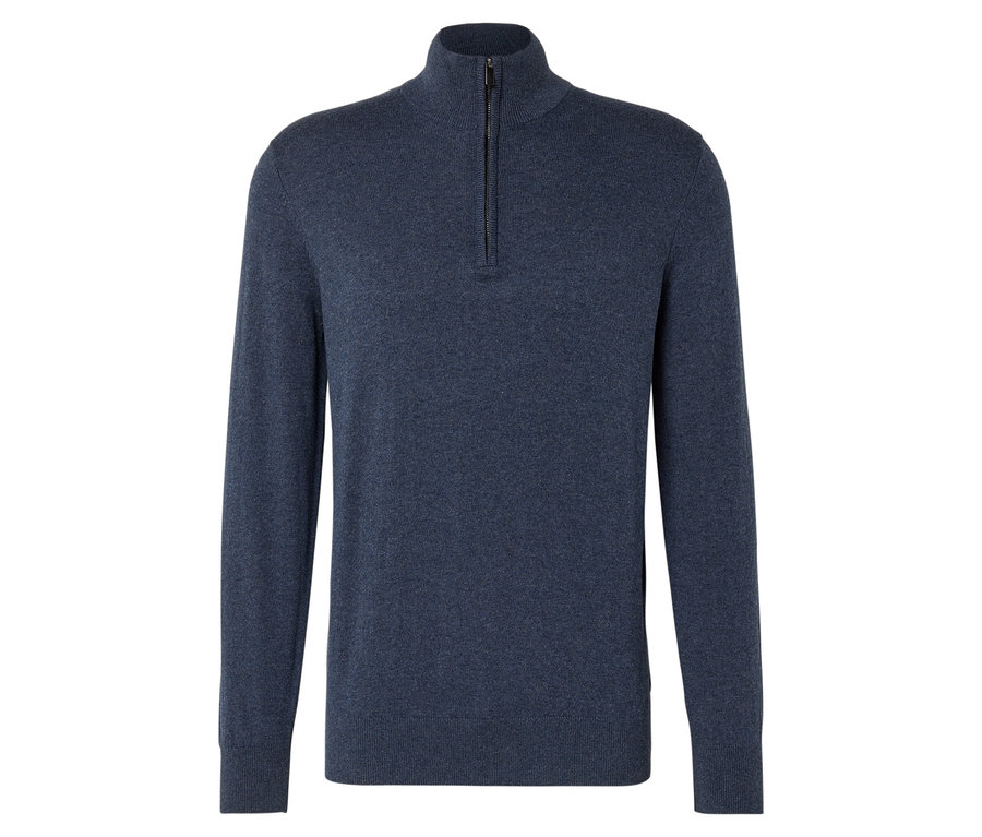 Blauer Herrenpullover mit kurzem Reißverschluss.