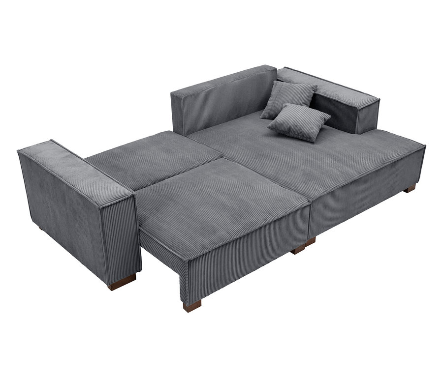 Ausgeklapptes graues Cord-Schlafsofa mit zwei Kissen.