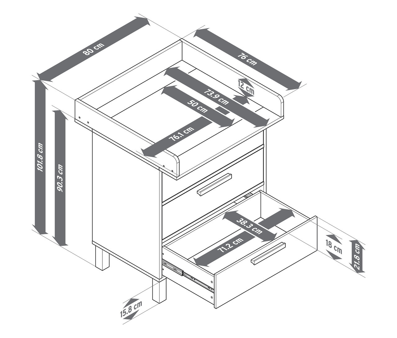 Abgebildet ist eine Wickelkommode »Leira« mit Schubladen, inklusive Maßangaben.