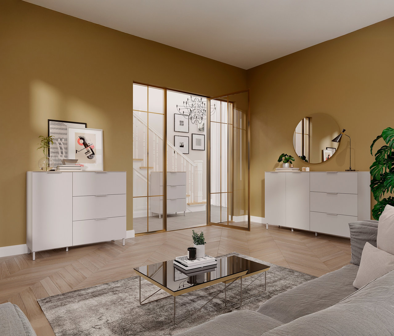 Wohnzimmer mit grauer Couch und Kommode »Savoca« in Kaschmir/Eiche.