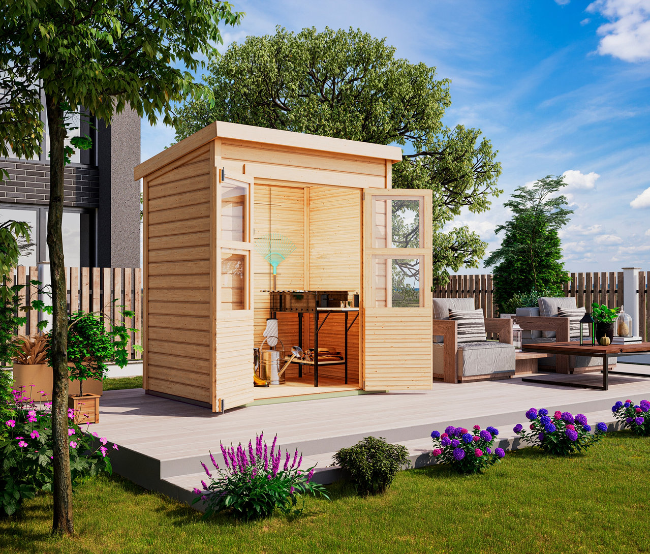 Das geöffnete Karibu Gerätehaus »Roan«, 14 mm steht auf einer Terrasse mit Gartenmöbeln und Gartengeräten.