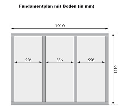 Fundamentplan mit Boden (in mm) der Karibu Sauna »Elli 1«.