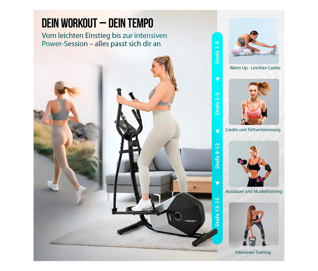 Frau trainiert auf Christopeit Crosstrainer »CT 5« im Wohnzimmer, während eine andere Frau im Hintergrund joggt.