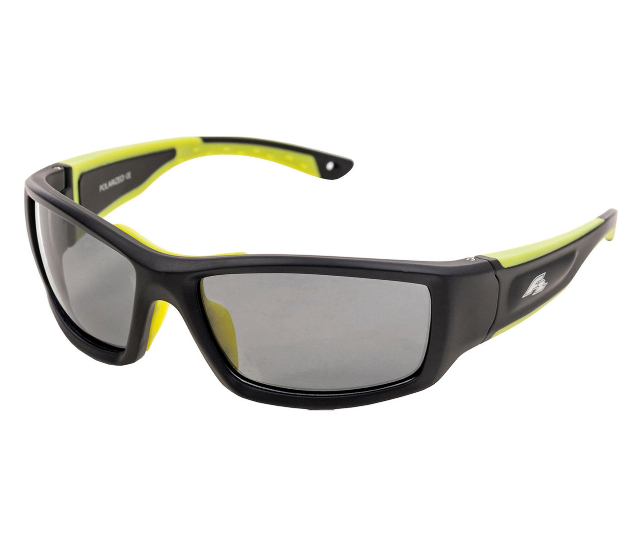 Nahaufnahme der F2 Wassersport-Sonnenbrille Pro mit schwarzem Rahmen und gelben Bügeln vor weißem Hintergrund.