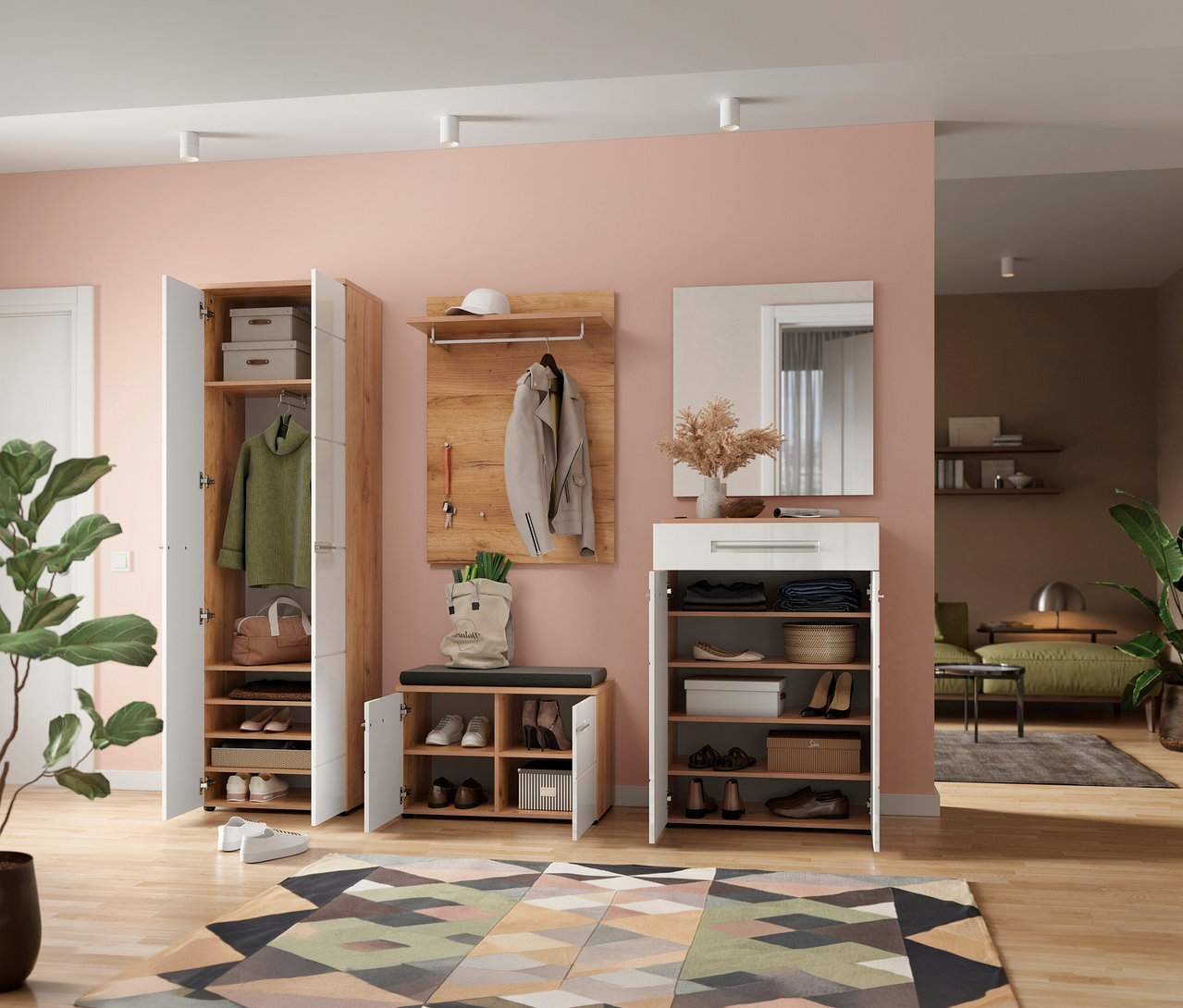 Ein Garderobenschrank »Aledo« und ein Schuhschrank »Aledo« in Navarra-Eiche-Nachbildung-weiß stehen in einem Flur mit rosa Wand.