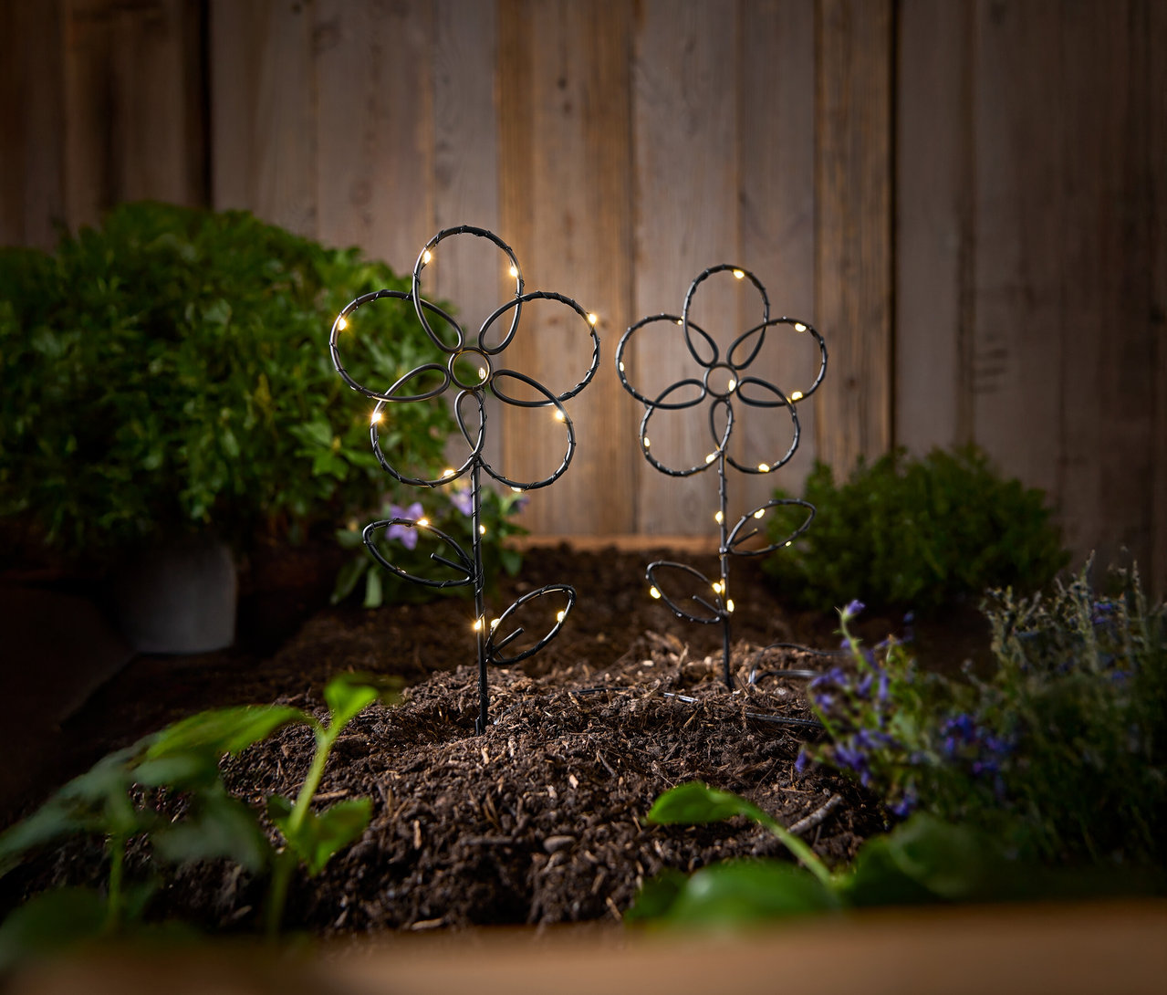 Zwei schwarze, blumenförmige Gartenstecker mit LED-Lichtern stehen in der Erde vor einer Holzwand.