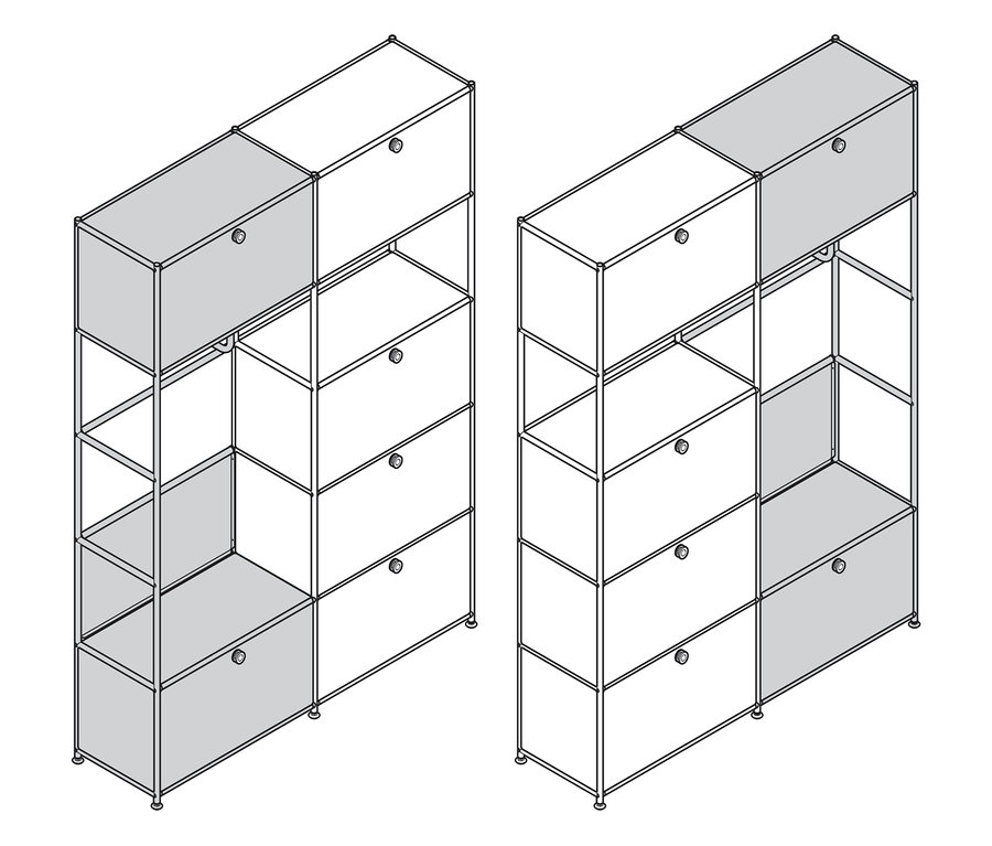 Zwei Metall »CN3« Schranksysteme sind dargestellt, eines mit grauen Türen oben und unten links, das andere mit einer grauen Tür oben rechts.