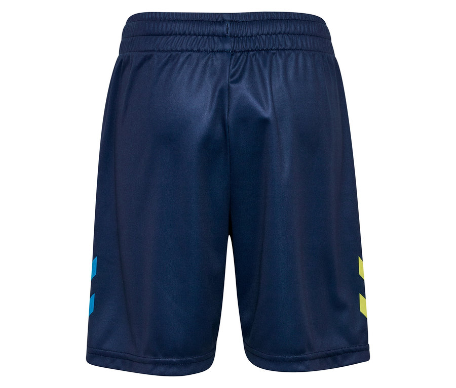 Rückansicht von marineblauen Shorts mit blauen und gelben Winkel-Details an den Seiten.