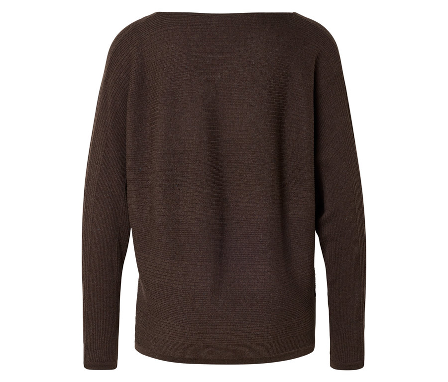 Dunkelbrauner, horizontal gerippter Pullover mit langen Ärmeln, von hinten gesehen.