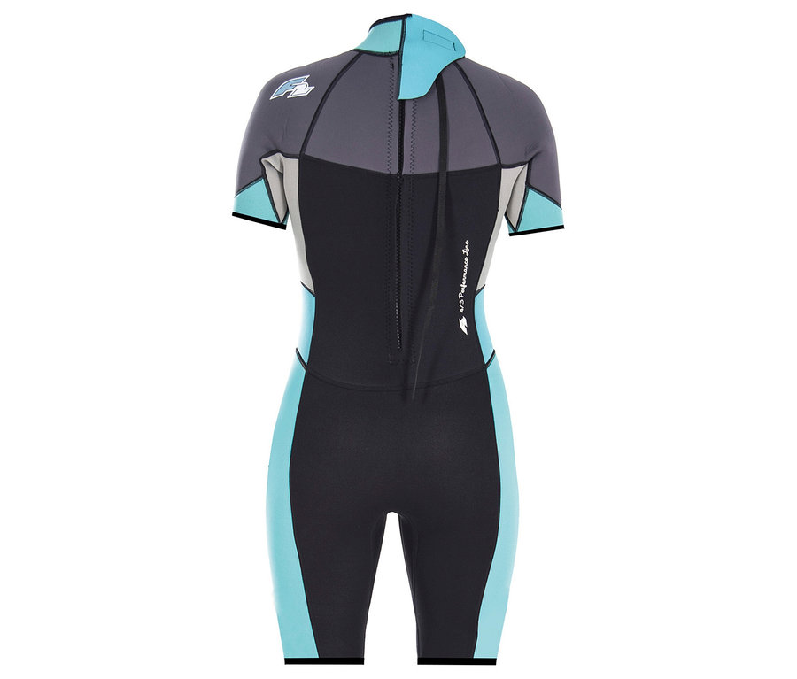 Rückansicht des F2 Damen-Neoprenanzugs »Gipsy Shorty«, 3/2 mm, mit kurzem Arm und Bein in Schwarz, Grau und Türkis.