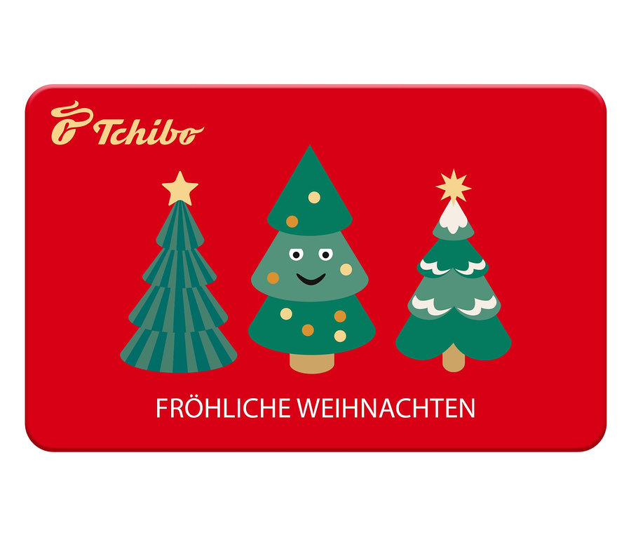 Rote Tchibo Geschenkkarte mit drei gezeichneten Weihnachtsbäumen und dem Schriftzug "Fröhliche Weihnachten".