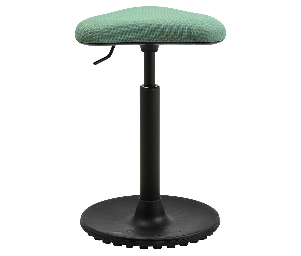 Ein grüner Stehhocker mit schwarzem Fuß und einem Hebel zur Höhenverstellung steht vor einem weißen Hintergrund.