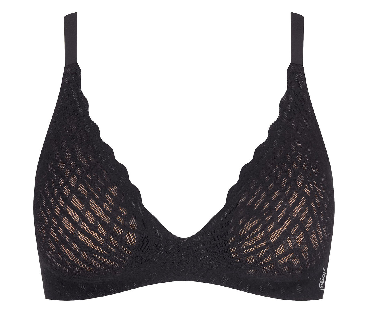 Schwarzer BH mit Neckholder-Trägern und durchsichtigem Netzstoff.