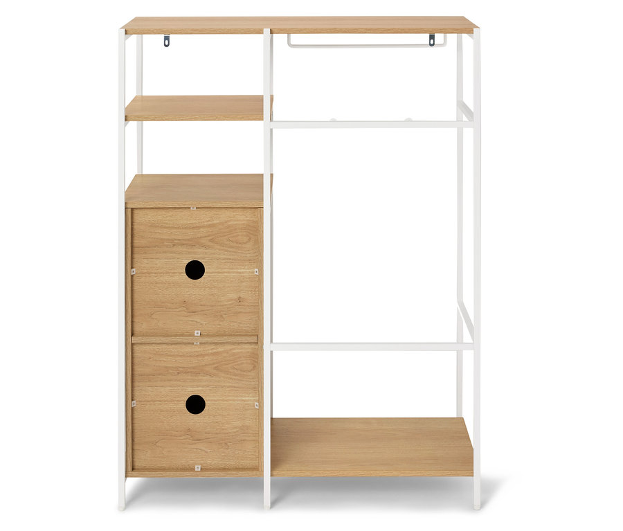 Ein Regal mit hellbraunen Holzflächen und einem weißen Metallrahmen steht vor einem weißen Hintergrund.