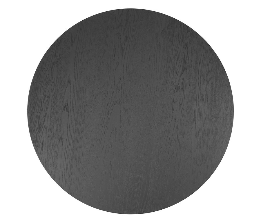 Nahaufnahme einer runden, anthrazitfarbenen Tischplatte mit Holzmaserung.
