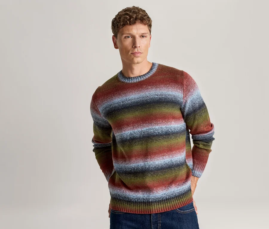 Mann trägt gestreiften Pullover und Jeans. Der Rundhalspullover hat horizontale Streifen in Rot, Olivgrün, Hellblau und Dunkelgrau. Seine Hände stecken in den Hosentaschen.