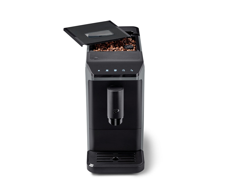 Kaffeevollautomat »Esperto mini« Grey mit offenem Bohnenbehälter.
