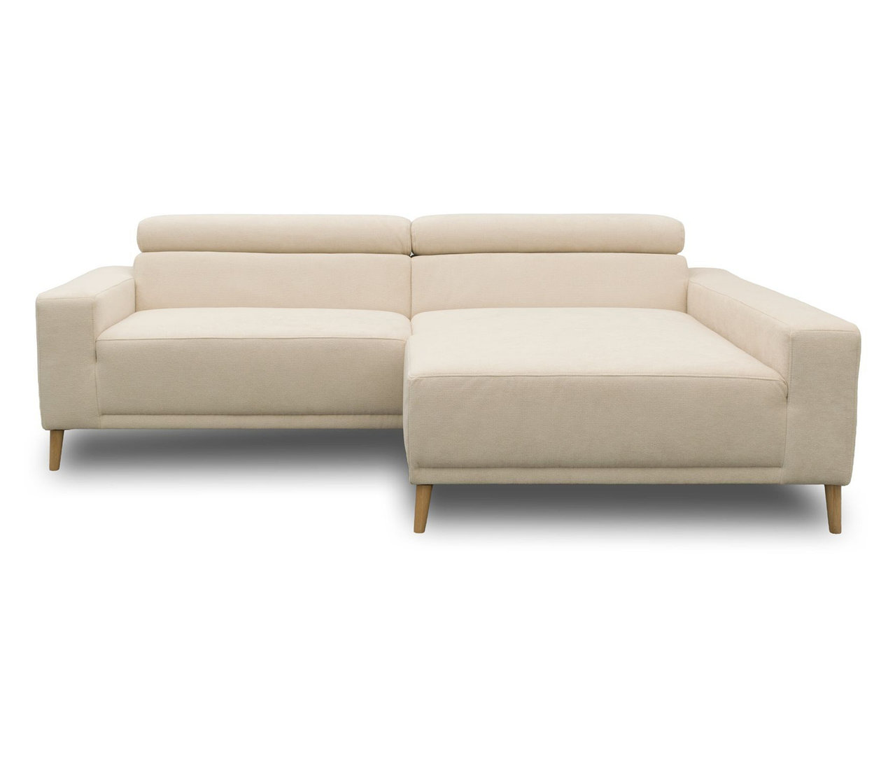 Cremefarbenes DOMO Sofa "Malmö" mit Longchair rechts, Kopfteilverstellung und Holzfüßen.
