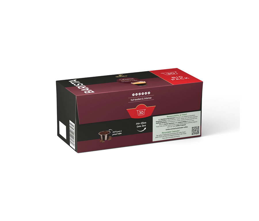 Eine dunkelrote Tchibo Barista Kapsel-Packung mit der Aufschrift "full-bodied & intense" und dem Hinweis "Hier öffnen".