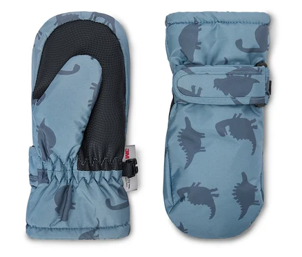 Zwei blaue Fäustlinge mit Dinosaurier-Muster und dunklen Handflächen auf weißem Hintergrund.