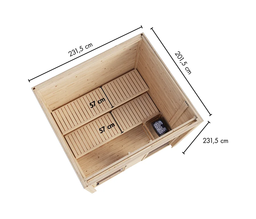Innenansicht des finnischen Karibu Saunahauses »Clio 2« aus hellem Holz mit zwei Bänken und Saunaofen. Maße: 231,5 cm Länge, 201,5 cm Breite, 231,5 cm Höhe; Bänke 57 cm breit.