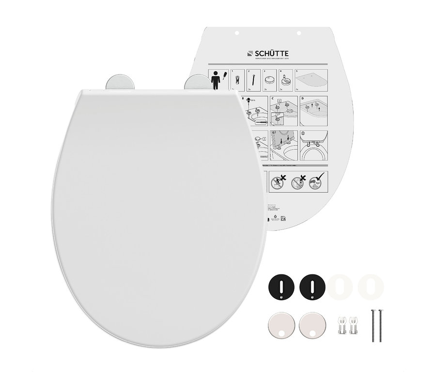 Weißer Thermoplast WC-Sitz »PREMIUM« mit Installationsanleitung, schwarzen und weißen Puffern, Abdeckungen, Scharnieren und Schrauben.