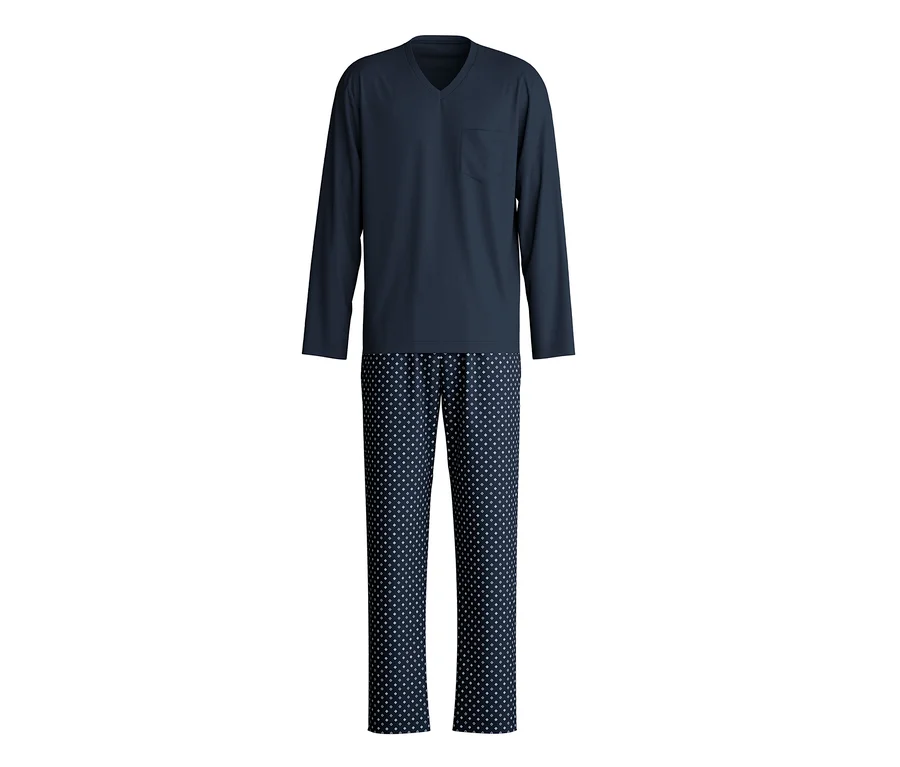 Dunkelblauer Schlafanzug mit langärmligem V-Ausschnitt-Oberteil mit Brusttasche und gemusterter langer Hose.