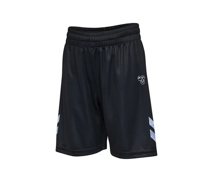 Schwarze hummel® HML Shimmer Shorts mit elastischem Bund, weißem Logo und schimmernden Chevron-Streifen an den Seiten.