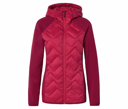 Magenta Damenjacke mit Steppdetails an Vorder- und Rückseite, glatten Ärmeln und Kapuze, auf weißem Hintergrund.