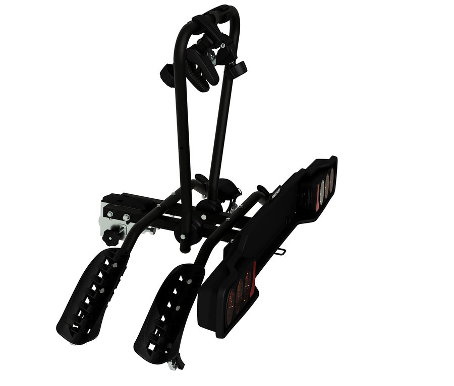 Schwarzer Fahrradträger mit Haltearmen, Radschalen und einer Rücklichtleiste, schräg dargestellt.